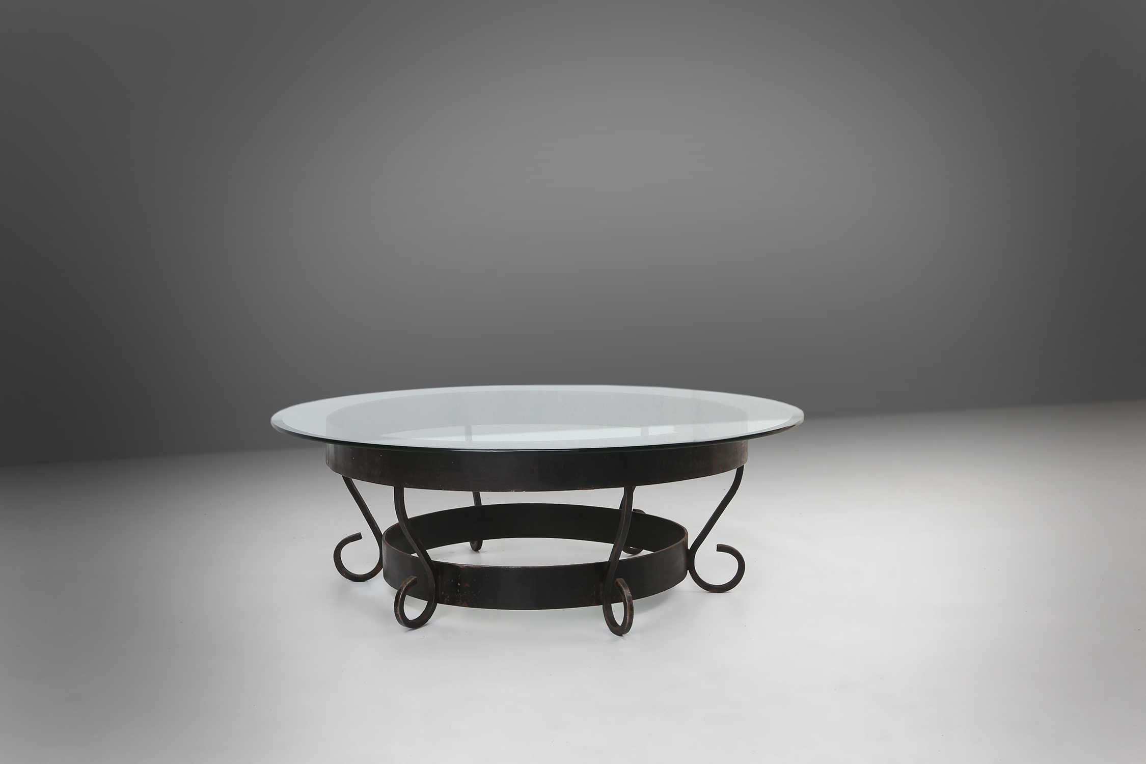 Rustic Round Coffee Table with Wrought Iron Base and Glass Top, France, 1930sthumbnail